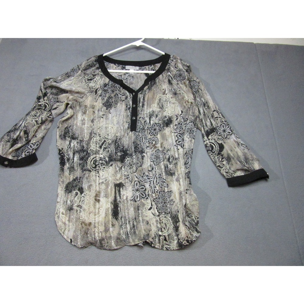 Dressbarn Blouse Womens XL Gray Metallic Stripe Floral 3/4 Sleeve Going Out Top